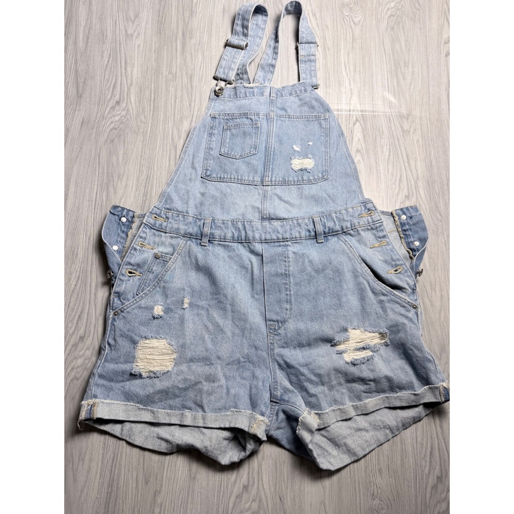 H&M &Denim Women Light Wash Distressed Jean Shortalls Overalls Size 10 Relaxed